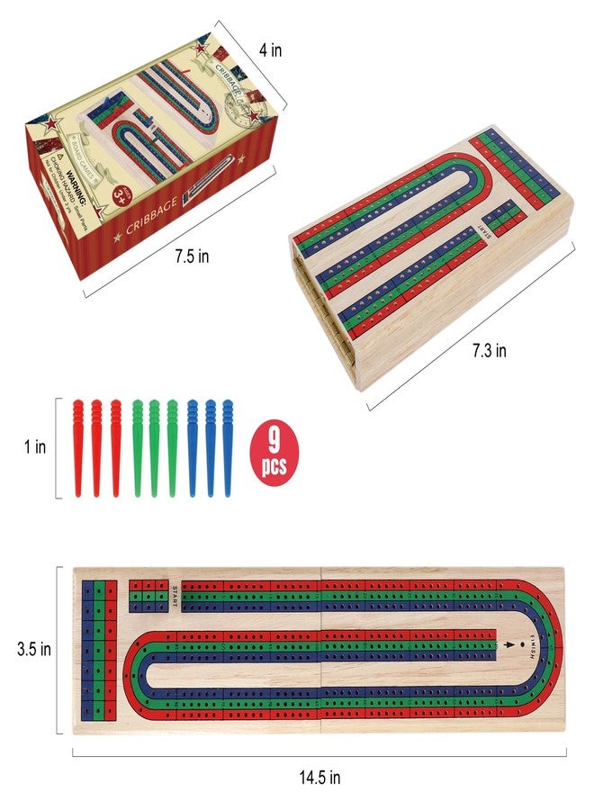 GOTHINK Folding Cribbage Board Game Set, Classic Wooden Cribbage Boards Game for Family Fun, 9 Multi-Colored Pegs, 3 Tracks, Red Green Blue Pegs for 2-3 Players - Image 2